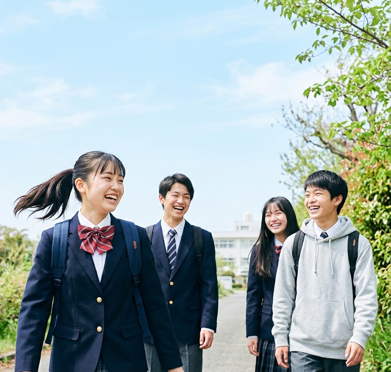 青空の下、笑顔で歩く中高生たち